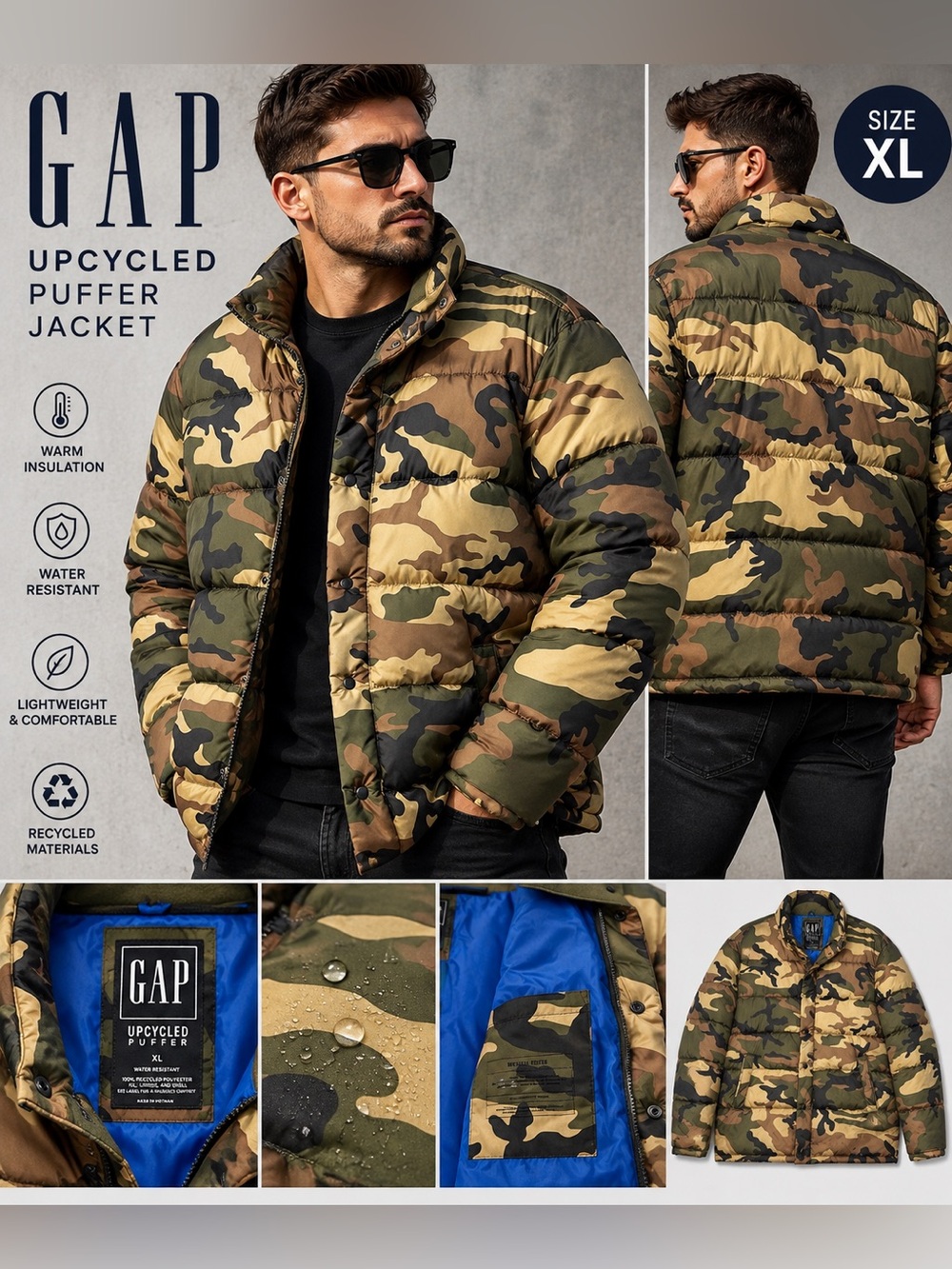 GAP Men’s Camo Puffer Jacket - Green & Brown Sz XL like new